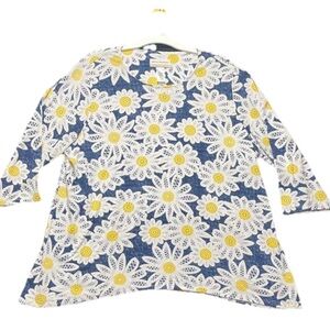 ALFRED DUNNER WOMEN’S DELICATE DAISY NAVY PUFF PRINT EMBROIDERY KNIT TOP 1X
